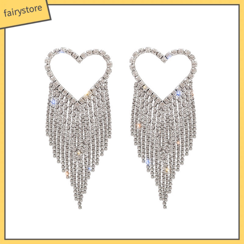 [FRO] 1 Đôi Bông Tai Thả Dài Hình Trái Tim Đính Kim Cương Giả Lấp Lánh Chống Dị Ứng Phong Cách Hàn Quốc