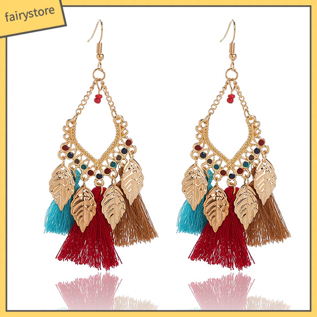 1 Đôi Bông Tai Móc Hình Chiếc Lá Tua Rua Dáng Dài Phong Cách Vintage