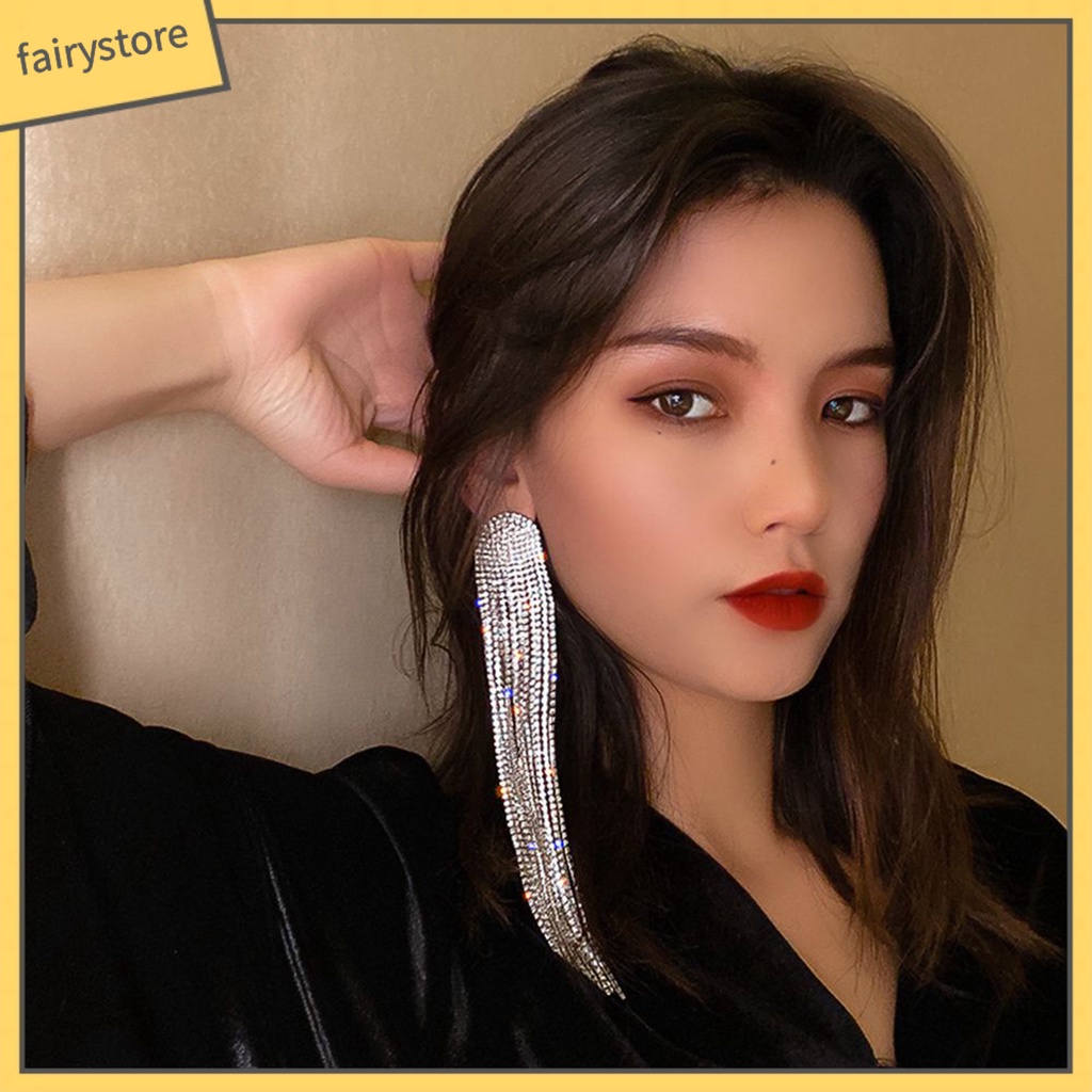1 Đôi Bông Tai Dáng Dài Đính Đá Lấp Lánh Thời Trang Cho Nữ