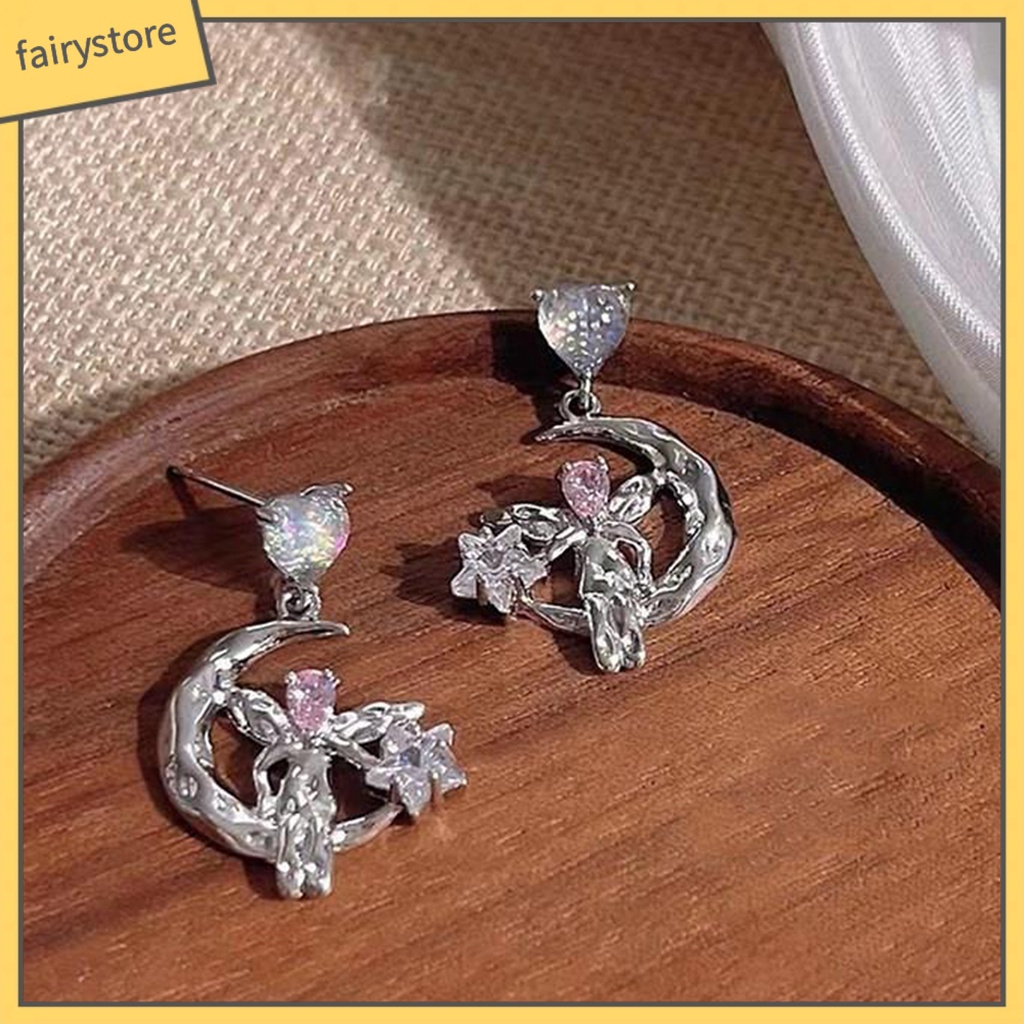 1 Đôi Bông Tai Hình Trái Tim Đính Đá Mặt Trăng Ngôi Sao Không Gây Dị Ứng Thời Trang