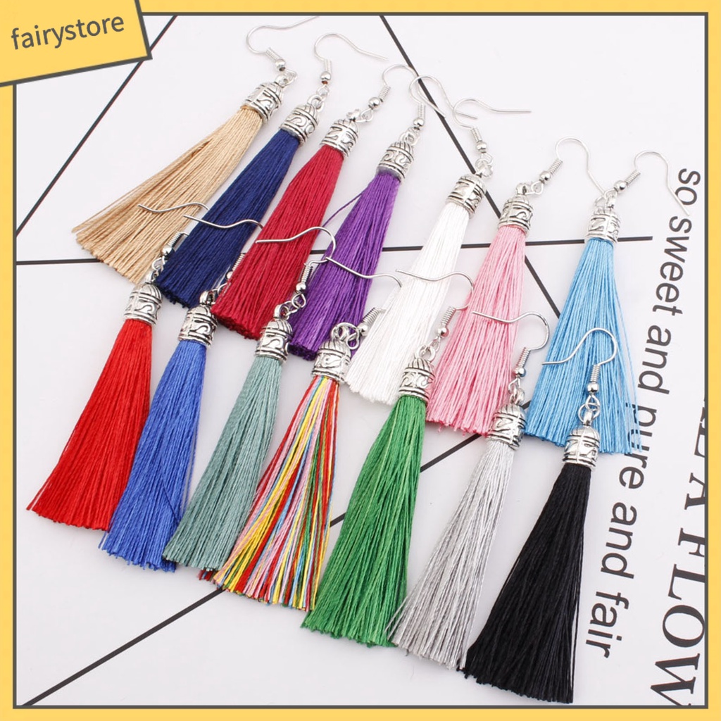 1 Đôi Bông Tai Thiết Kế Móc Tua Rua Phong Cách Bohemian