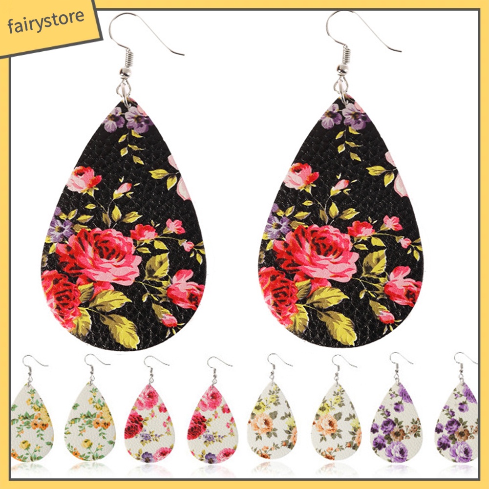 Bông Tai Giả Da Hình Giọt Nước Họa Tiết Hoa Phong Cách Boho Dành Cho Nữ