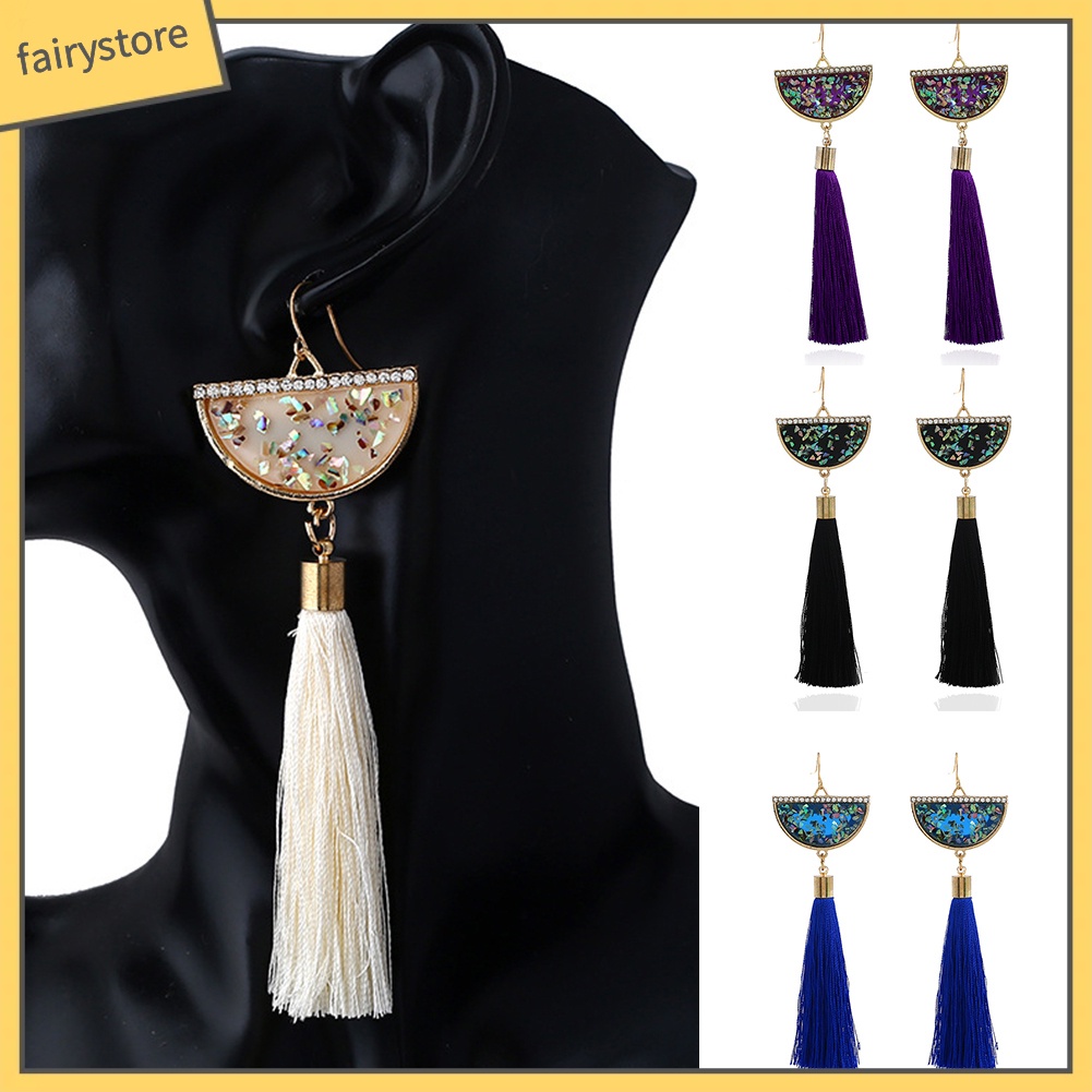 Bông Tai Dáng Dài Đính Đá Phối Tua Rua Hình Quạt Phong Cách Dân Tộc Cổ Điển Thời Trang Cho Nữ