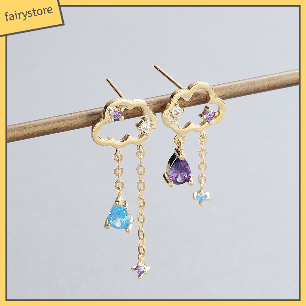 Bông Tai Hình Đám Mây / Giọt Nước Đính Đá Phối Tua Rua Dễ Thương Thời Trang Cho Nữ