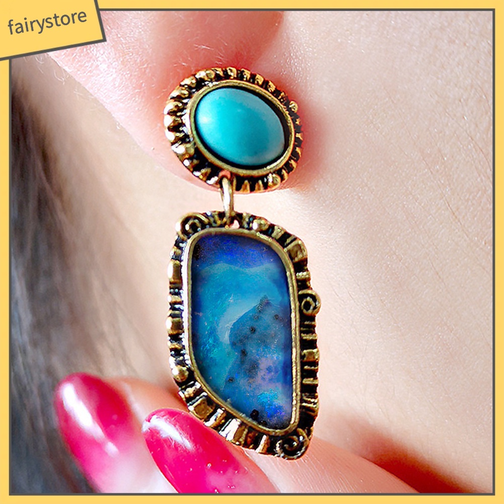 Bông Tai Dáng Dài Đính Đá Ngọc Lam Giả Phong Cách Vintage Thời Trang Cho Nữ