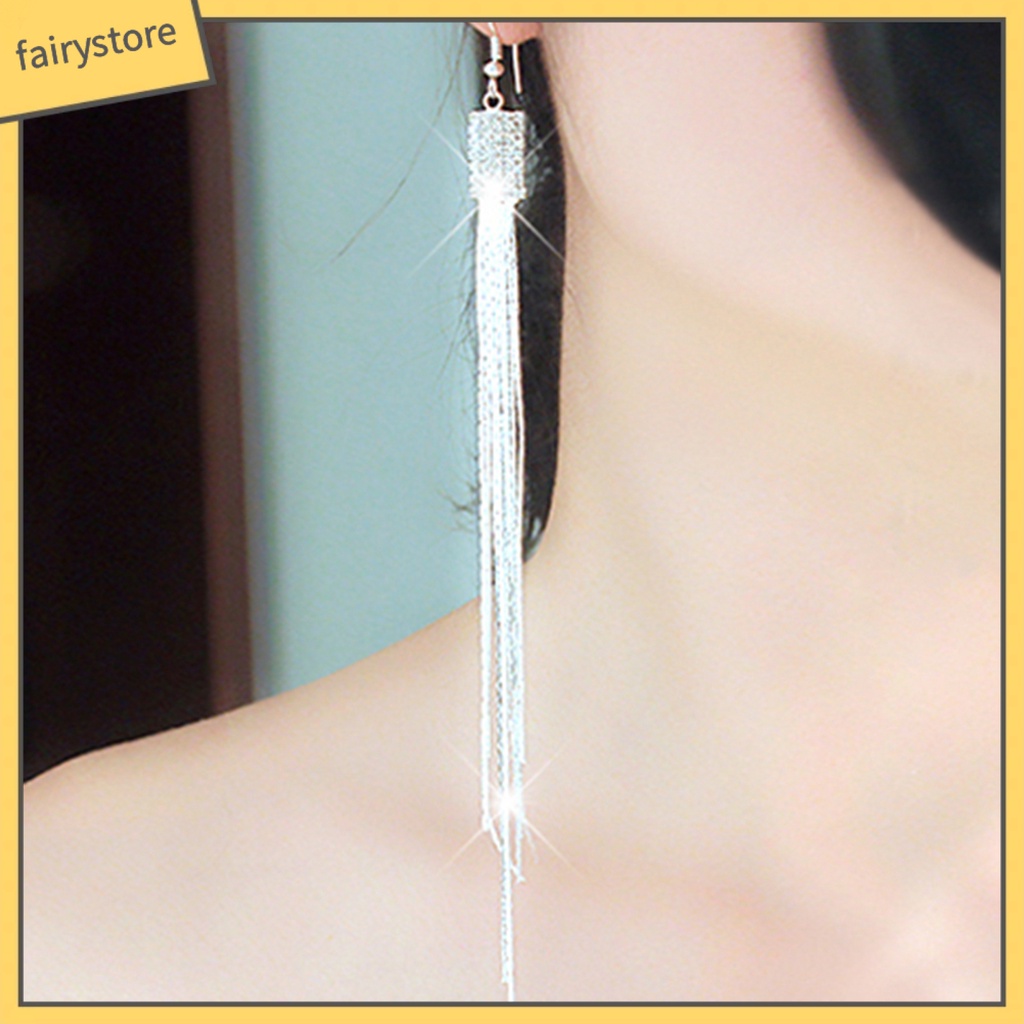 1 Cặp Bông Tai Dáng Dài Hình Vuông Đính Đá Phối Tua Rua Thời Trang Cho Nữ