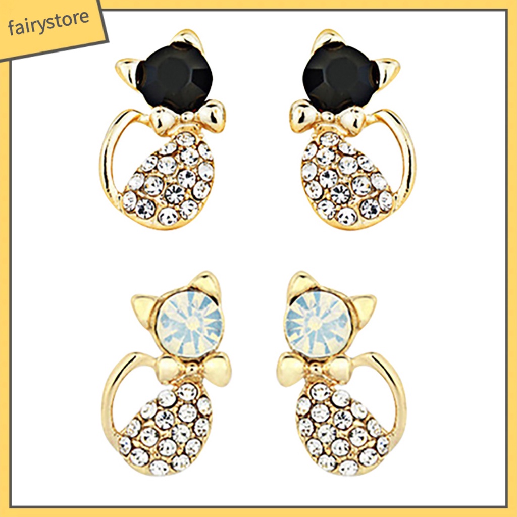 1 Đôi Bông Tai Hình Mèo Đính Đá Dễ Thương Dành Cho Nữ