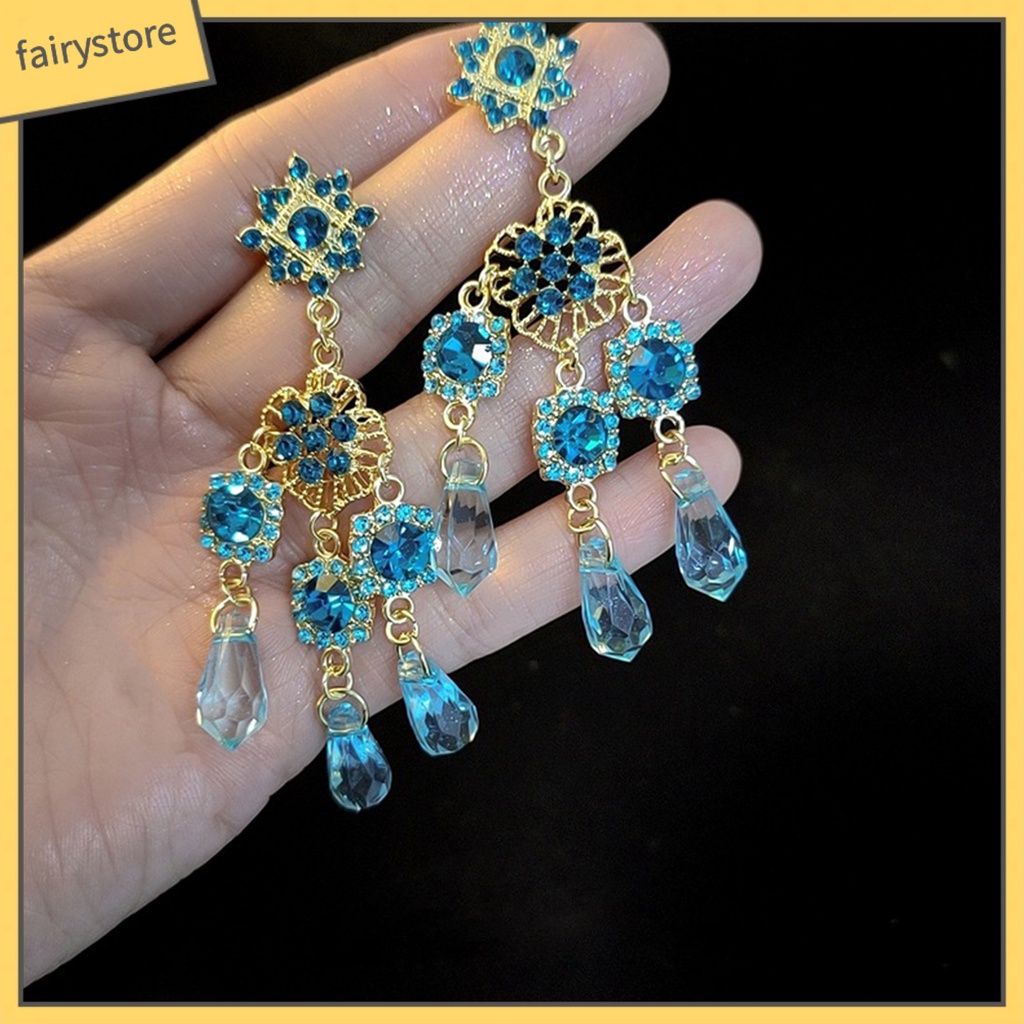 1 Đôi Bông Tai Dáng Dài Đính Pha Lê Xanh Dương Phong Cách Vintage