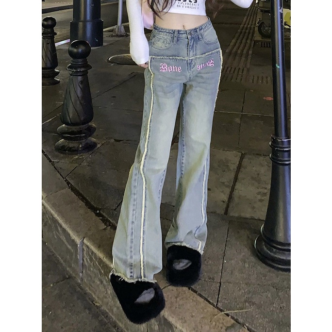 Y2k Quần Jeans Nữ Lưng Cao Ống Rộng Thêu Họa Tiết Phong Cách Hàn Quốc Dễ Phối Đồ Thời Trang Mùa Xuân