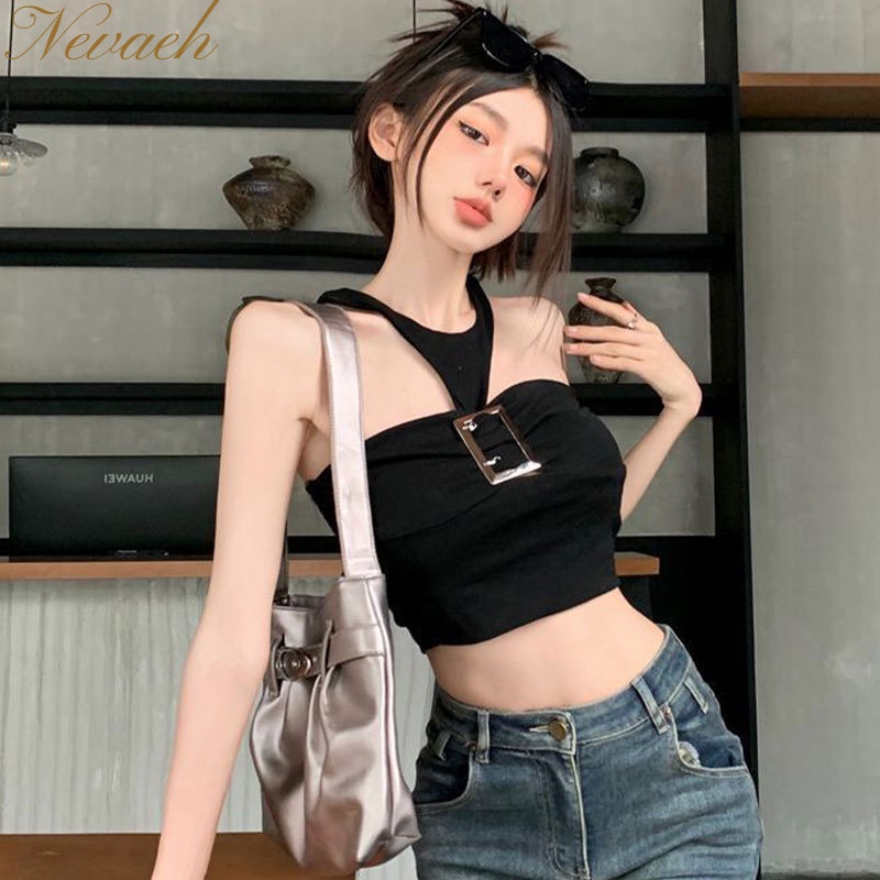 Áo Lửng Không Tay Hở Lưng Có Khóa Kim Loại Thời Trang Mùa Hè Mới Lạ Cho Nữ