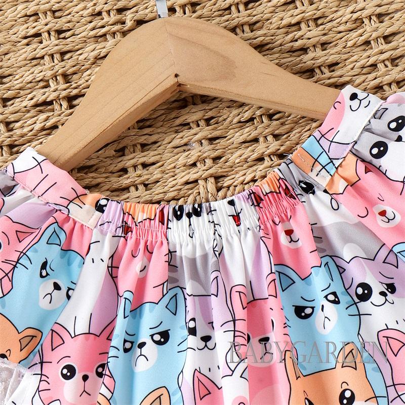 Đầm Chữ A Tay Ngắn In Họa Tiết Hoạt Hình Chó Mèo Dễ Thương Thời Trang Mùa Hè Cho Bé Gái 4-7 Tuổi