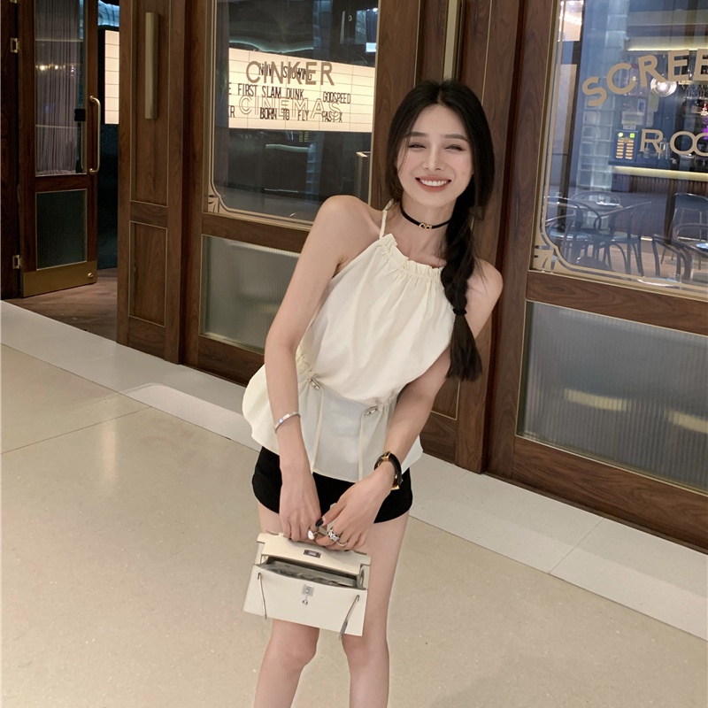 Áo Ngắn Hai Dây Không Tay Thiết Kế Dây Rút Phong Cách Mới Mùa Hè Quyến Rũ Cho Nữ