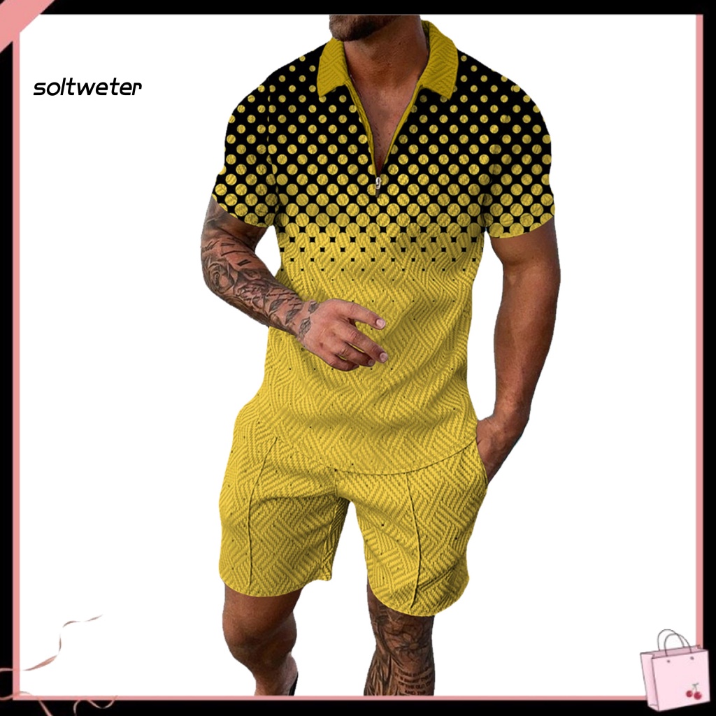 1 Bộ Đồ Thể Thao Đi Biển Mùa Hè Gồm Áo Cổ Bẻ In Họa Tiết Kỹ Thuật Số + Quần Short Có Túi Cho Nam