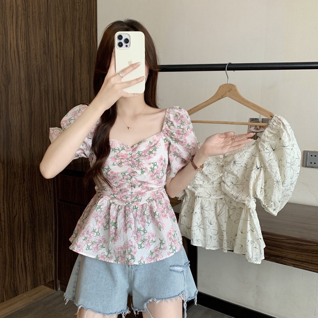 SUXI Áo Kiểu Cổ Vuông Tay Phồng Xếp Ly Dáng Ôm In Họa Tiết Thời Trang Mùa Hè Xinh Xắn Cho Nữ