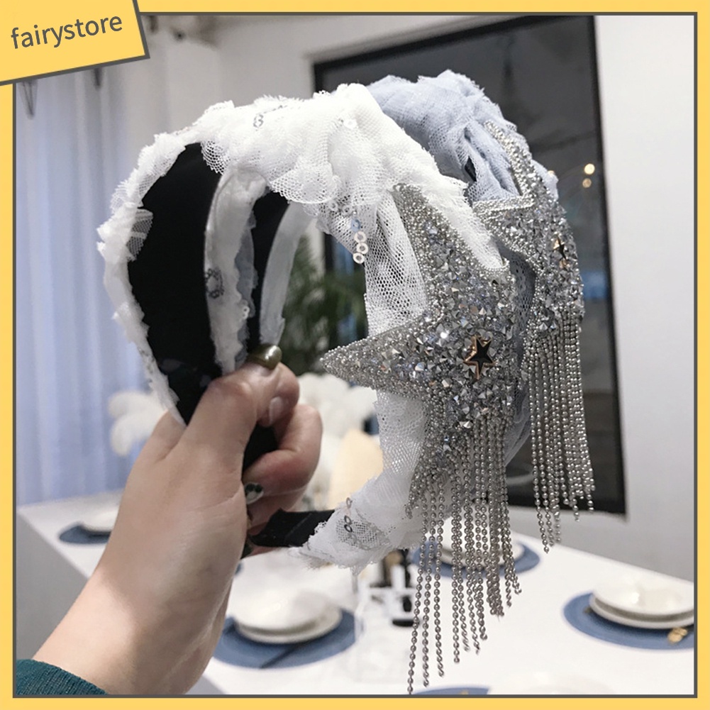 Băng Đô Cài Tóc Bản Rộng Thắt Nút Đính Đá &amp; Tua Rua Cho Nữ