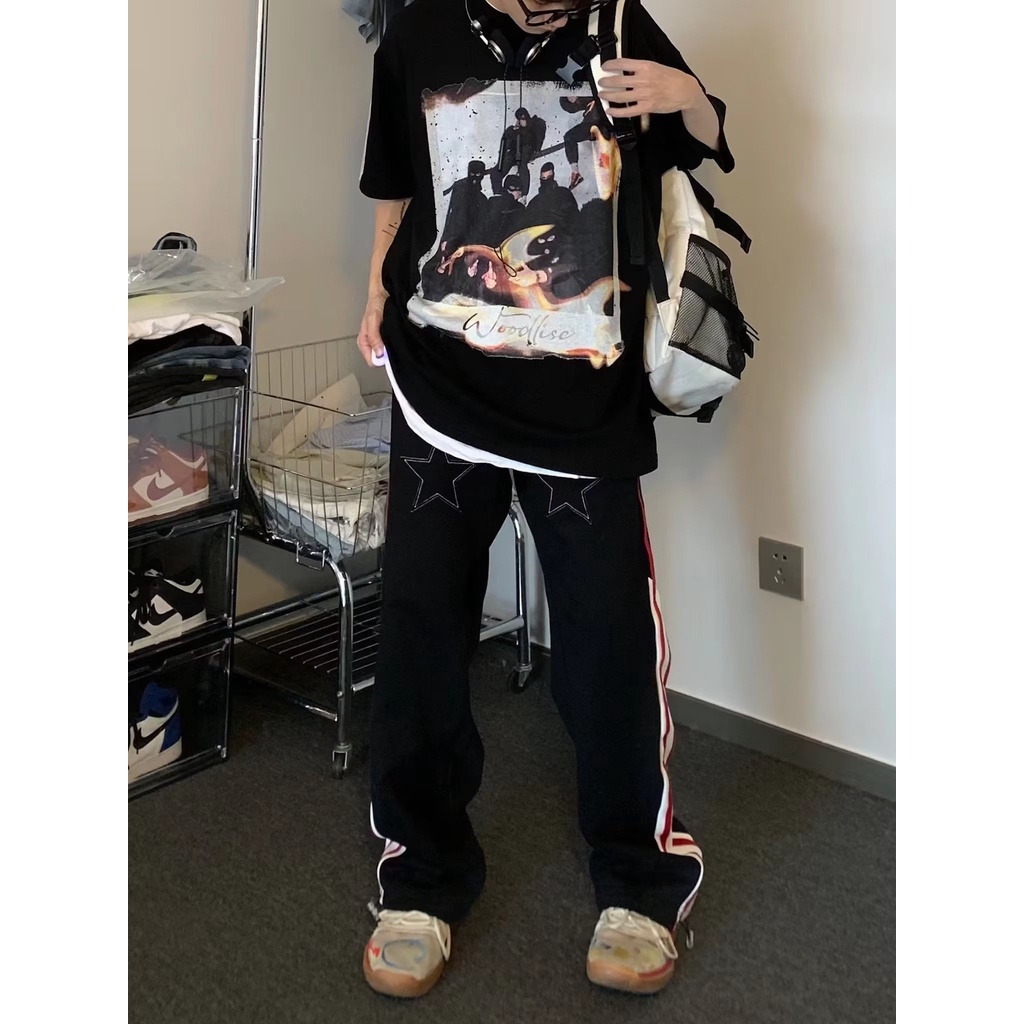 Quần Thể Thao Ống Đứng Kẻ Sọc Thêu Họa Tiết Phong Cách Đường Phố Mỹ Thời Trang Mùa Hè Cho Nam