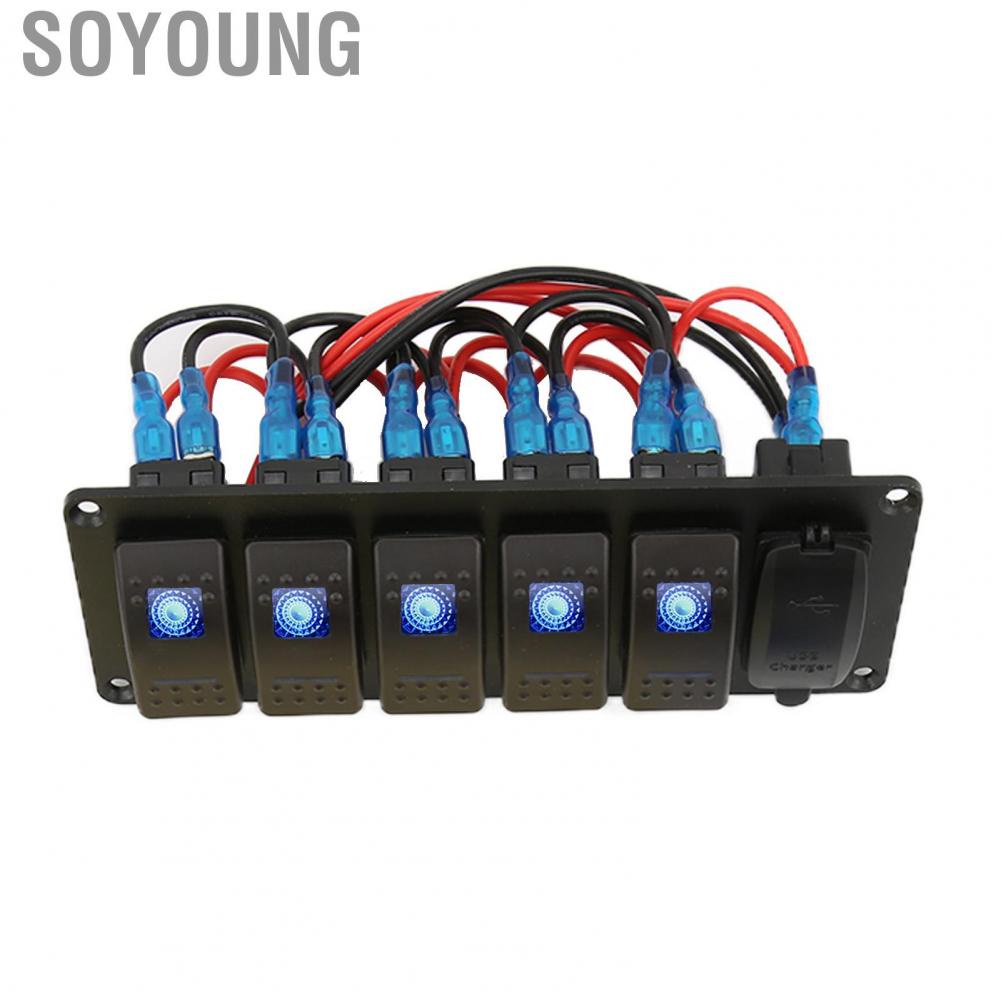 Soyoung 12V-24V 5 Gang Rocker Switch Panel with Dual USB 5V3.4A Blue Backlight  for Marine Boat Car Truck