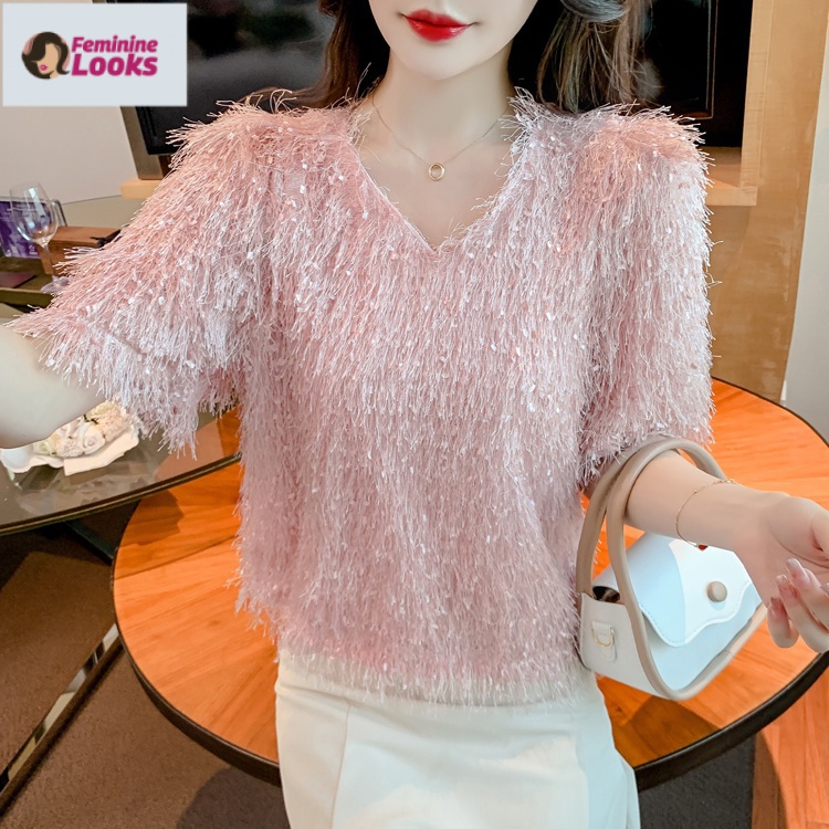 Áo Thun Tay Ngắn Cổ Chữ V Phối Ren Tua Rua Phong Cách Pháp