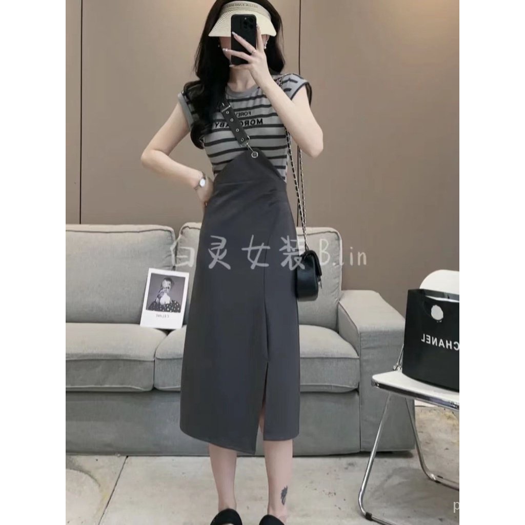 Đầm Thun Giả Hai Mảnh Dáng Ôm Che Bụng Xẻ Tà Họa Tiết Kẻ Sọc Thời Trang Cho Nữ cxbpi01