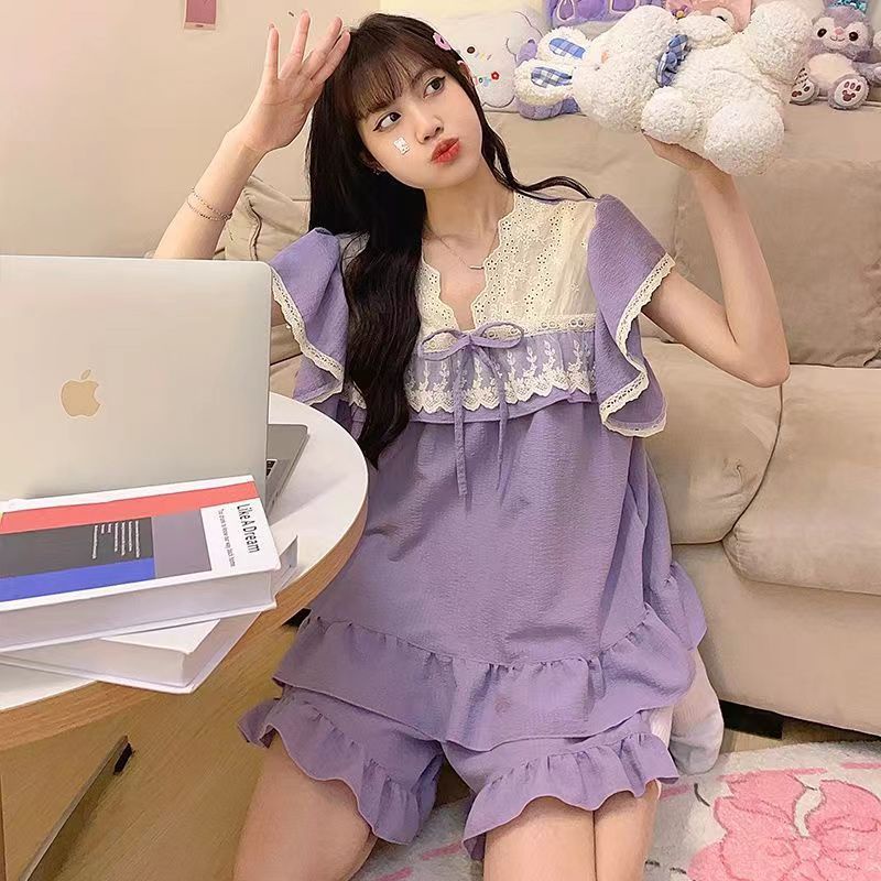 Bộ Đồ Ngủ Tay Ngắn Phối Ren Dễ Thương Thời Trang Mùa Hè 2023 Cho Bạn Gái