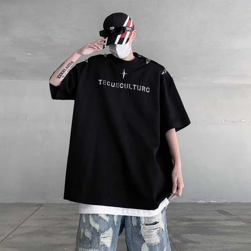 Áo Thun Tay Ngắn Phối Nút Kim Loại Nặng 320g Phong Cách Đường Phố Mỹ Cho Nam