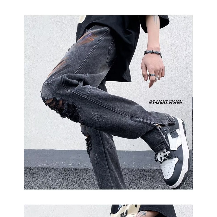 Quần Jean Dài Rách Phối Khóa Kéo Phong Cách Hip Hop Thời Trang Mùa Hè Cá Tính Cho Nam
