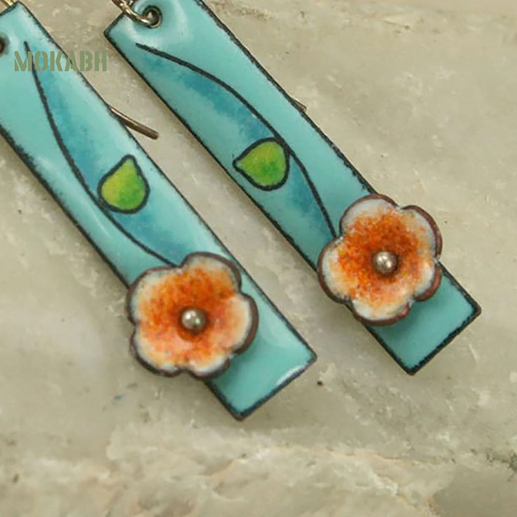 1 Đôi Bông Tai Hình Chữ Nhật Họa Tiết Hoa Màu Xanh Theo Phong Cách Bohemian