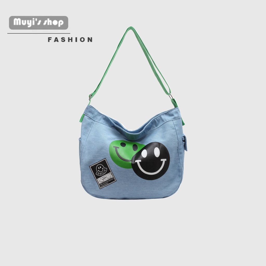 Túi Đeo Vai / Kẹp Nách Vải Canvas Họa Tiết Mặt Cười Hoạt Hình Phong Cách Hàn Quốc Mới Cho Nữ