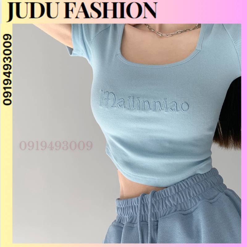 Áo croptop Tôn Dáng Thêu Chữ JUDU10 Cái Cổ Điển Kiểu Mỹ Áo Phông Ngắn Tay Hở Xương Quai Xanh Hở Rốn 