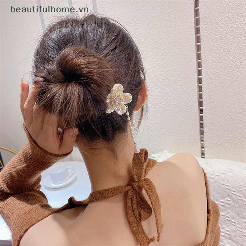 Kẹp Tóc Càng Cua Cố Định Tóc Đuôi Ngựa Đính Hoa Trà Và Ngọc Trai Xinh Xắn Cho Nữ [Beautyhome]