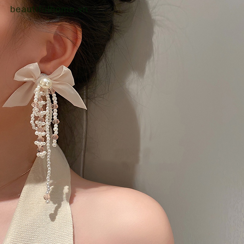 Bông Tai Mạ Bạc 925 Hình Nơ Đính Ngọc Trai Dáng Dài Xinh Xắn