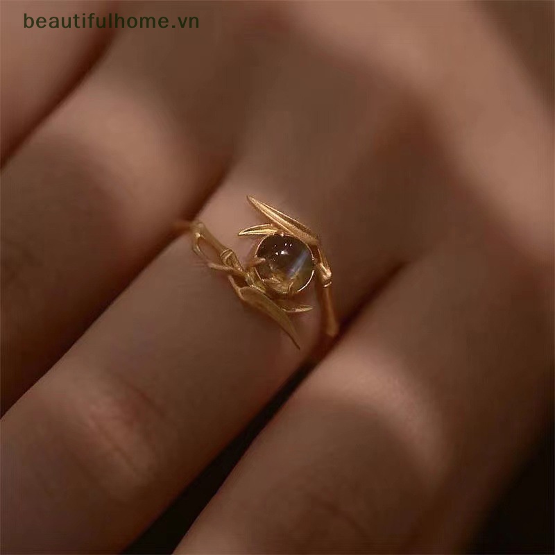 [beautifulhome] Nhẫn Opal Trong Suốt Thiết Kế Hình Lá Tre Độc Đáo Thời Trang Vintage Có Thể Điều Chỉnh Cho Nữ [beauty]