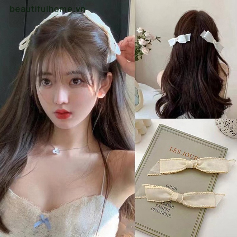 Kẹp Tóc Nơ Lưới Màu Trắng Đen Phong Cách Hàn Quốc Cổ Điển Ngọt Ngào Cho Nữ