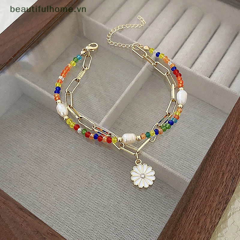 Vòng Tay Chuỗi Hạt Hai Màu Trang Trí Hoa Cúc Mùa Hè Cho Nữ [Beautyhome]