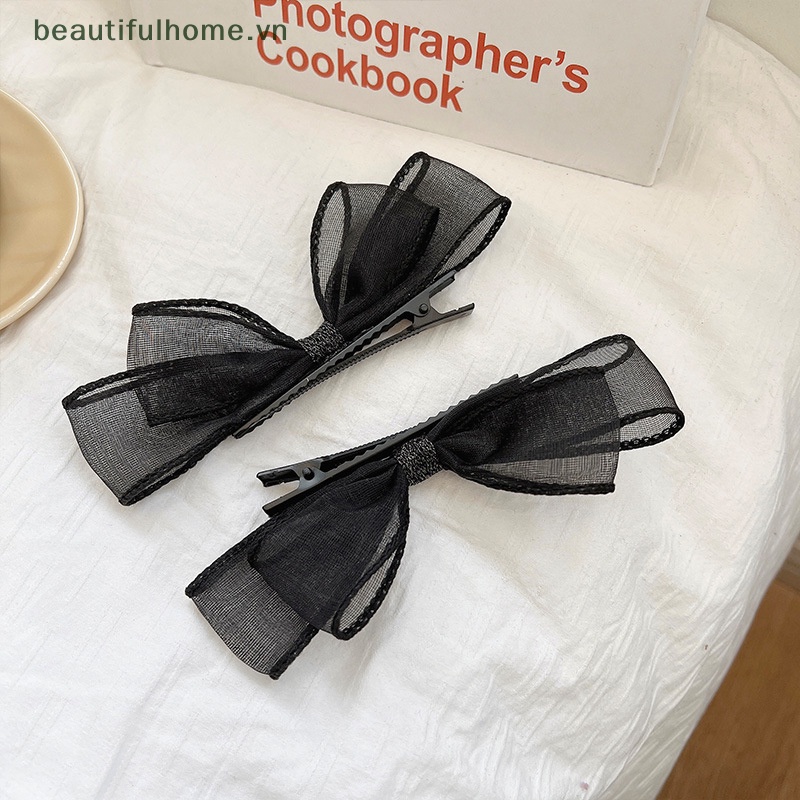 Kẹp Tóc Nơ Lưới Hai Lớp Màu Đen Thời Trang Ngọt Ngào Cho Nữ