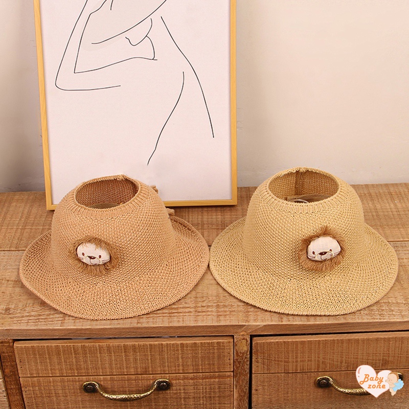 Khung Thành Cho Bé Chất Lượng Cao❤Mũ Cói Hở Chóp Thêu Hình Sư Tử Hoạt Hình Phong Cách Hàn Quốc Cho Nữ