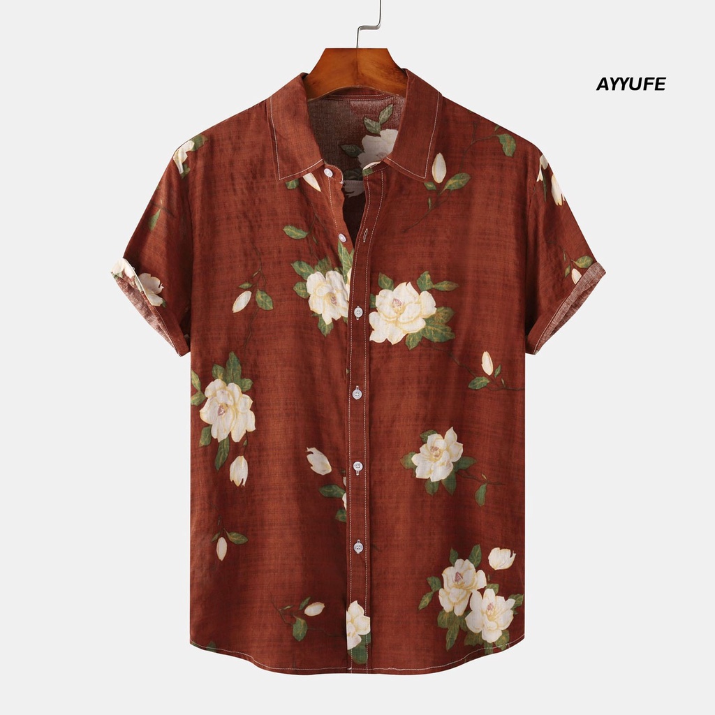 Áo Sơ Mi Mùa Hè Tay Cộc Cài Nút In Họa Tiết Hoa Lá Hawaii Cho Nam