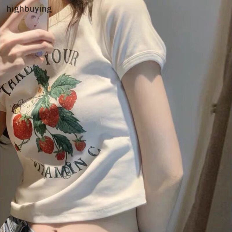 Áo Thun Croptop Ngắn Tay Cổ Tròn In Họa Tiết Dâu Tây Xinh Xắn Theo Phong Cách Mùa Hè Dành Cho Nữ