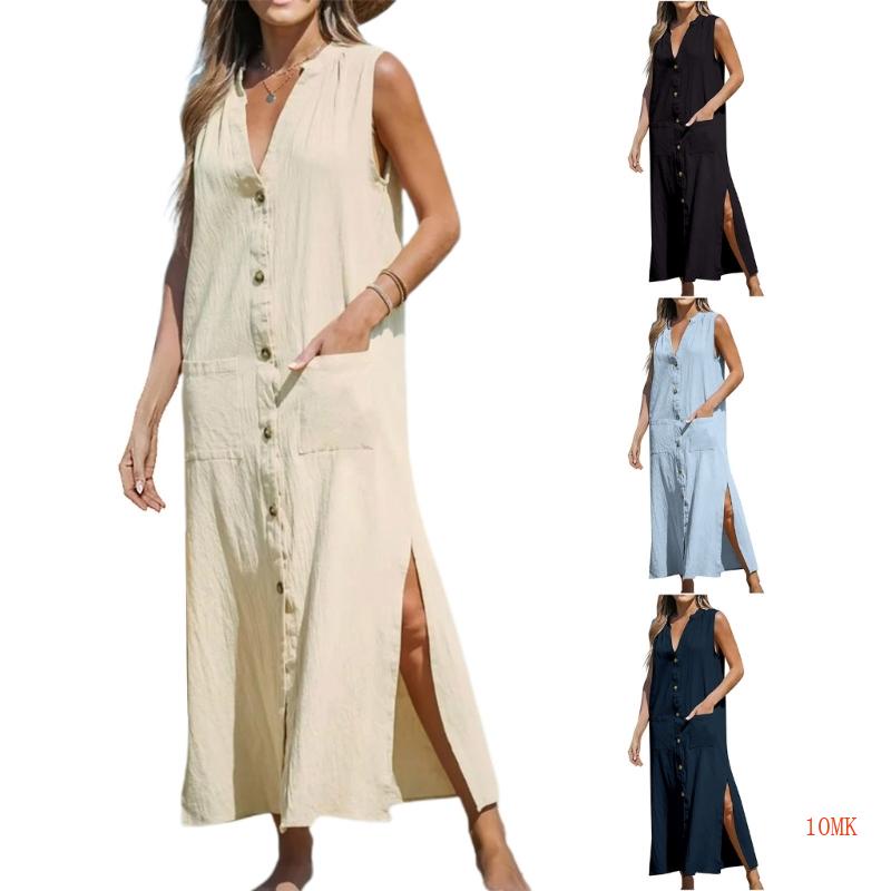 Đầm Không Tay Cổ Chữ V Cài Nút Trước Thời Trang Mùa Hè Xinh Xắn Cho Nữ