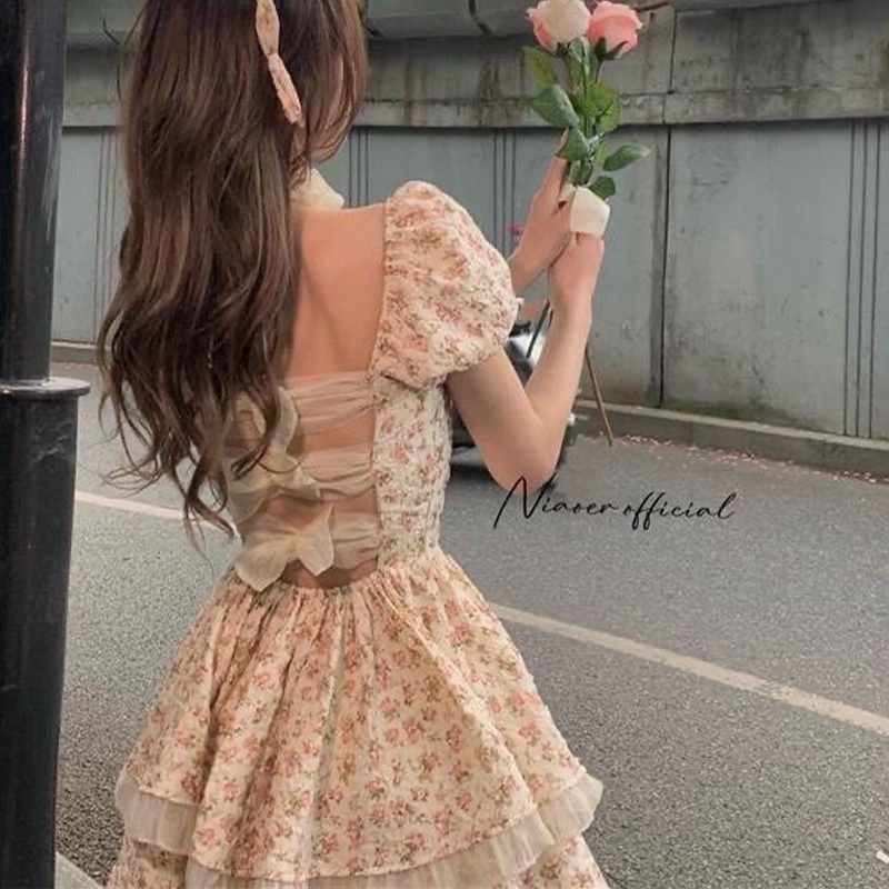 Đầm Hoa Dáng Ôm Hở Lưng Thắt Nơ Xinh Xắn Thời Trang Mùa Hè Cho Nữ