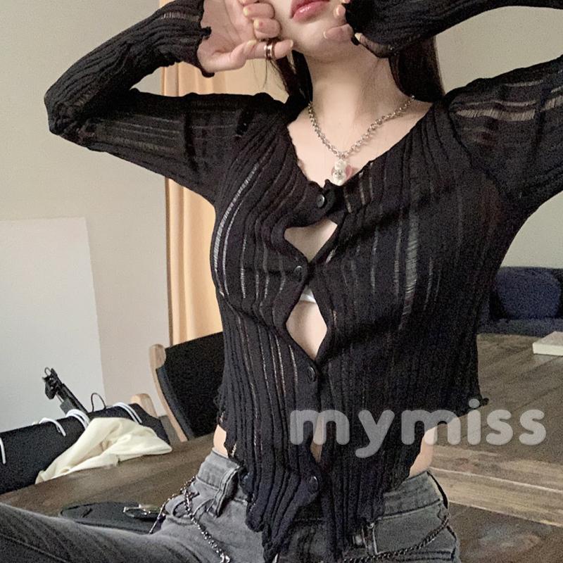 Mymiss1-áo Khoác Cardigan Dệt Kim Tay Dài Chống Nắng Dáng Ôm Màu Trơn Cài Nút Cắt Chéo Vạ