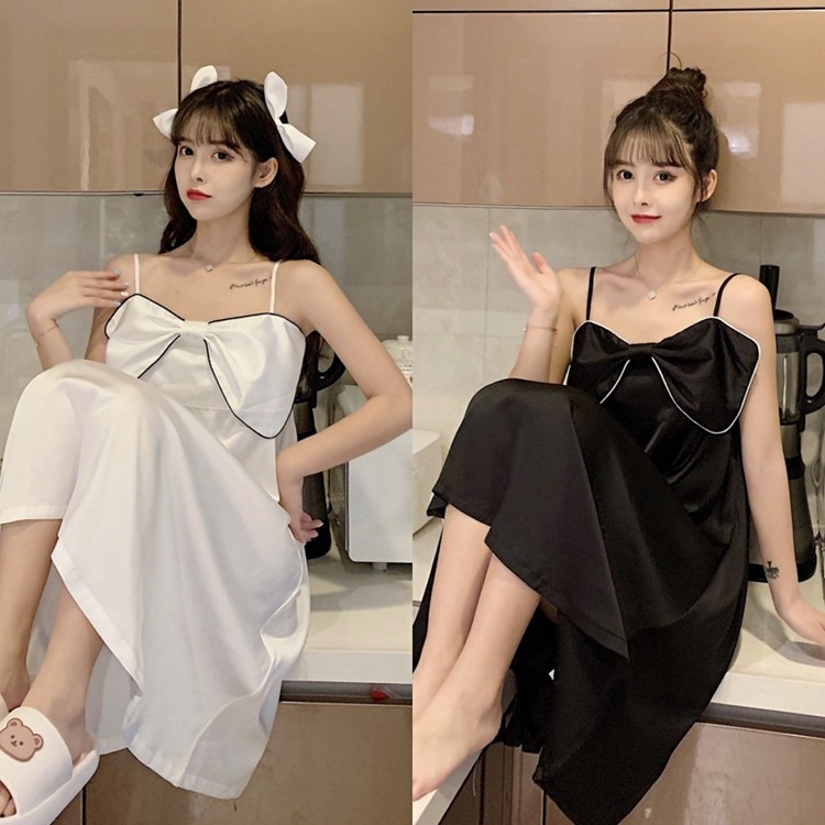 Đầm Ngủ Chất Liệu Lụa Đính Nơ To Dễ Thương Quyến Rũ Cho Nữ