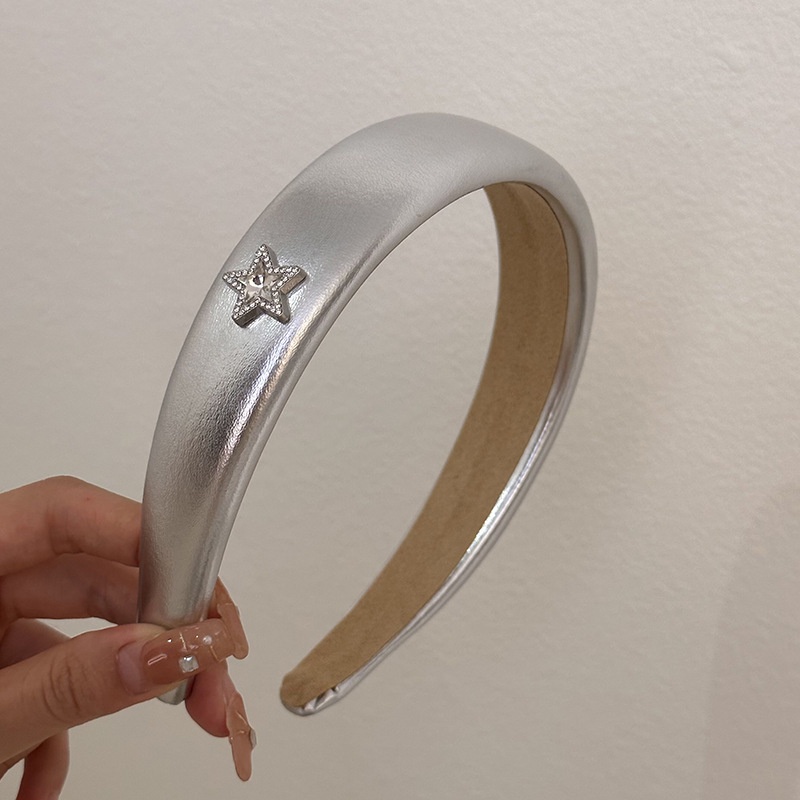 Băng Đô Cài Tóc Bản Rộng Bằng Da Họa Tiết Ngôi Sao / Đầu Lâu Màu Bạc Phong Cách Thời Trang Mới 2023