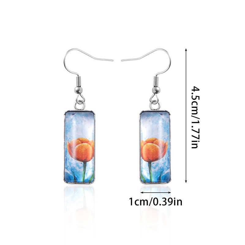 Ygt Khuyên Tai Móc Mặt Kính Cabochon Hình Chữ Nhật Bằng Thép Không Gỉ Hình Hoa Tulips