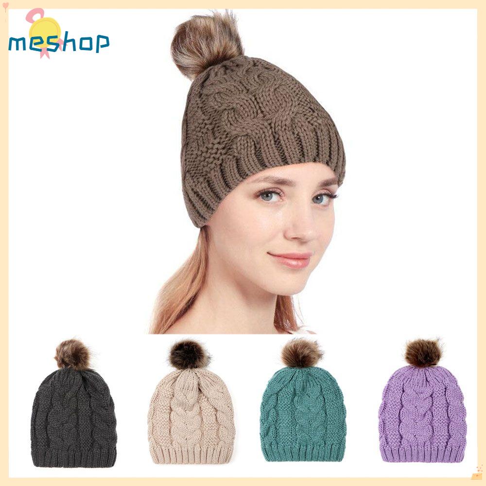 Mũ Len Đan Đính Quả Bông Mềm Mại Giữ Ấm Mùa Đông Dành Cho Nữ