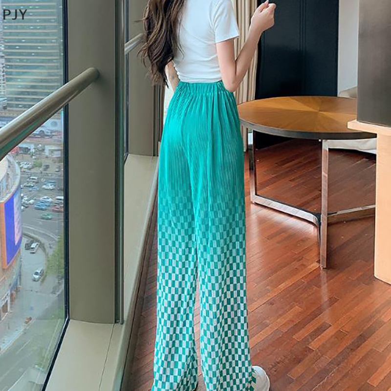 Pjy Quần ống rộng Eo Cao Dáng Suông Kẻ Sọc Caro Phong Cách Chic Sang Trọng Đa Năng PJ