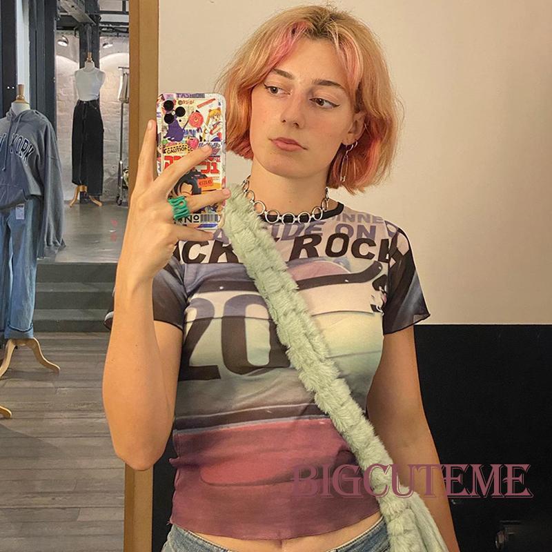 [] Áo Thun Lưới Ngắn Tay Xuyên Thấu Cổ Thuyền In Chữ Going Out Y2k Thời Trang Mùa Hè Cho Nữ