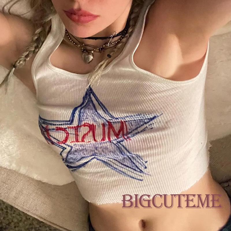 [] - Áo Crop Top Không Tay Cổ Thuyền Tosp Màu Trắng In Hình Ngôi Sao Mùa Hè Cho Nữ