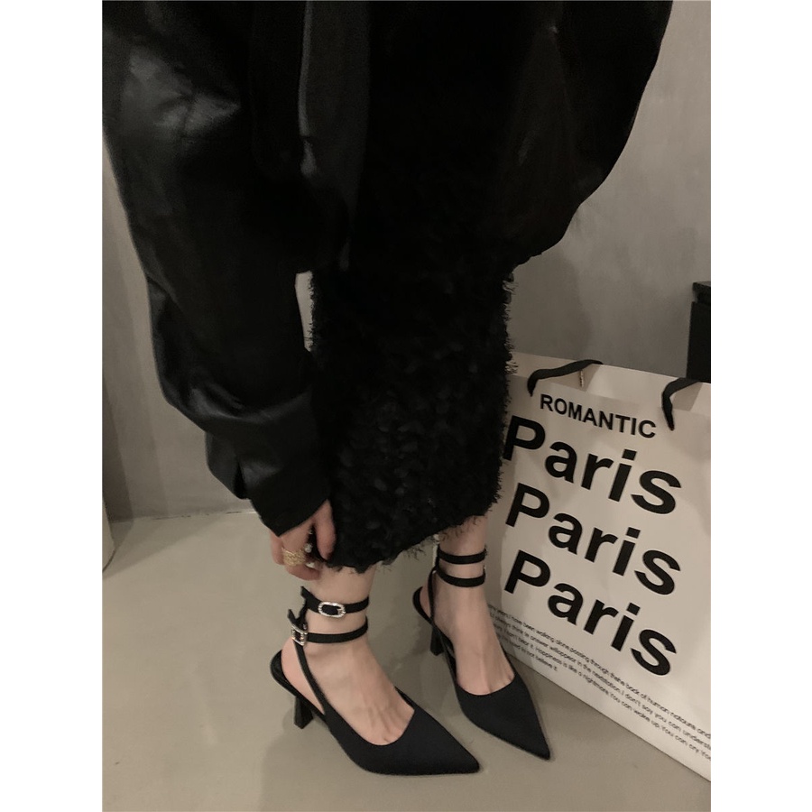 French pointed high-heeled shoes evening wind Korean style slippers with skirt black sandals 2023 Spring and Autumn British women's shoes QNGY