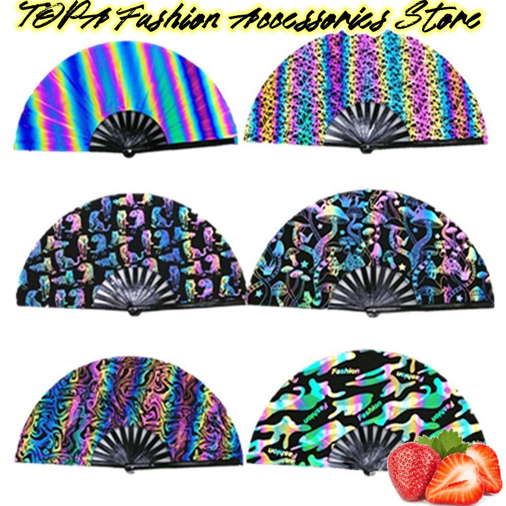Topabc1 Quạt Cầm Tay Bằng Tre Satin In Họa Tiết Phản Quang Độc Đáo Trang Trí Tiệc Tùng / Lễ Hội